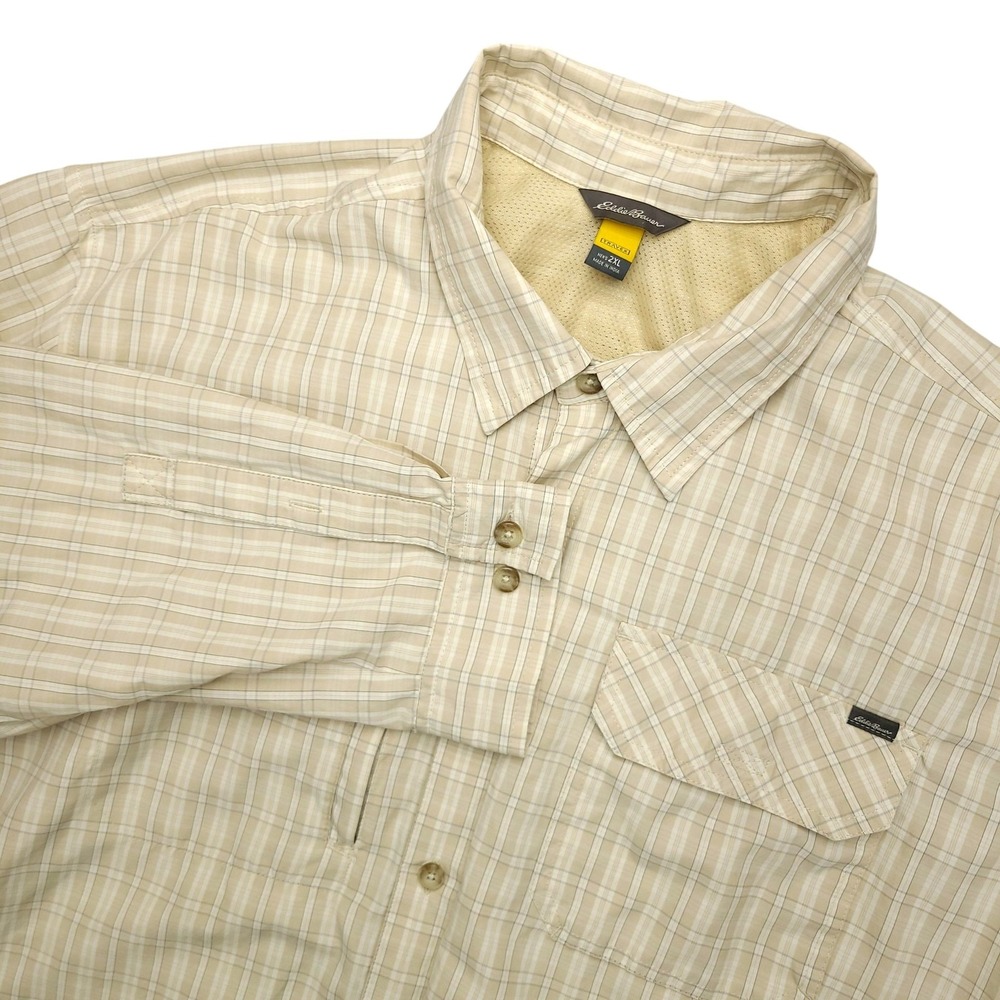 Eddie Bauer Travex Shirt Mens 2XL Beige Plaid Long Sleeve Button Up Outdoor